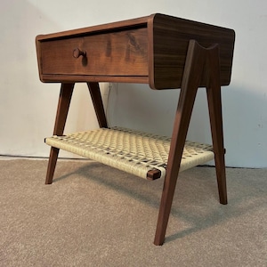 Mid Century Modern Bedside Night Table with Woven Cord Shelf (see shipping info in the description)