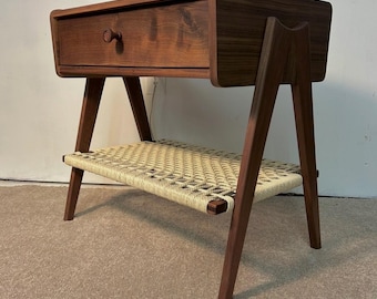 Mid Century Modern Bedside Night Table with Woven Cord Shelf (see shipping info in the description)