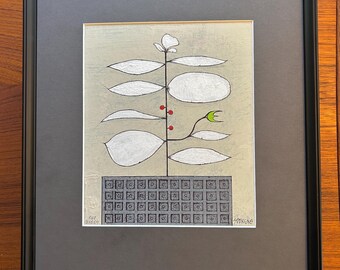 Original Pen & Ink Acrylic Framed Abstract Titled Red Berries by Scott Dergins