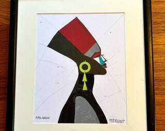 Original Pen & Ink Framed Abstract Titled Afro-Queen by Scott Dergins