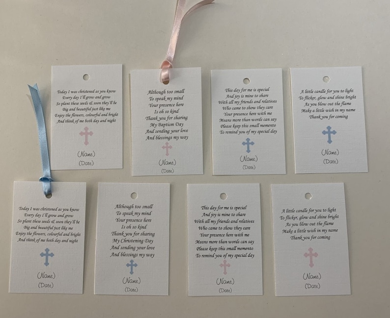 Favour tags for Christening/Baptism/Naming Day Pink or Blue Cross Personalised Without Ribbon image 2