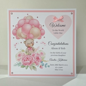 New babykaart groot formaat 21 x 21 cm gepersonaliseerd roze of blauw