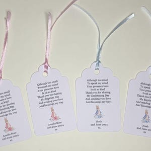 Geschenkanhänger Taufe/Taufe/ Namenstag - 10er Pack - Mit Band - Auswahl von Peter oder Flopsie Rabbit - Personalisiert