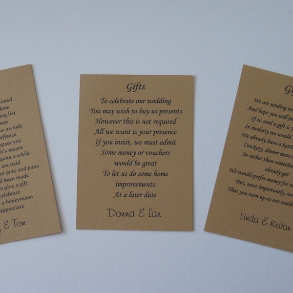 30 Personalised Wishing Well/wedding Poem Cards requesting money vouchers etc Choice of 3 Poems Kraft Card