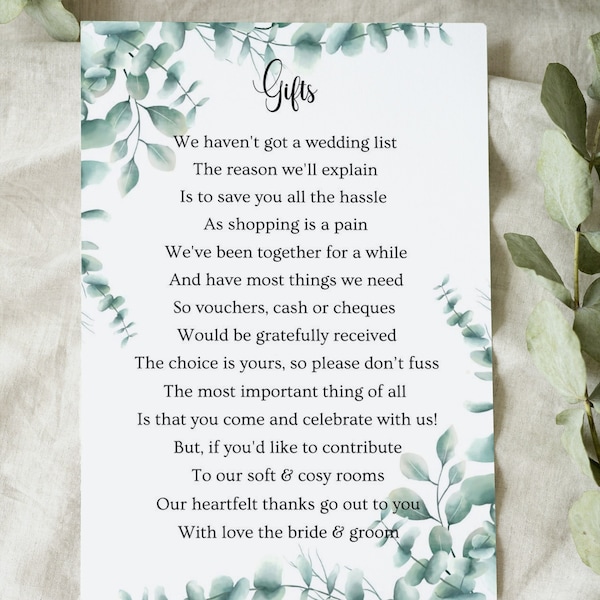 Wedding Poem Gift Request Cards Pack of 10 - 5 Poems to choose from