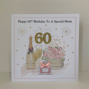 Geburtstagskarte, personalisierbar, groß, 21,6 x 21,6 cm, Girly-Thema, Parfümblumen, Champagner