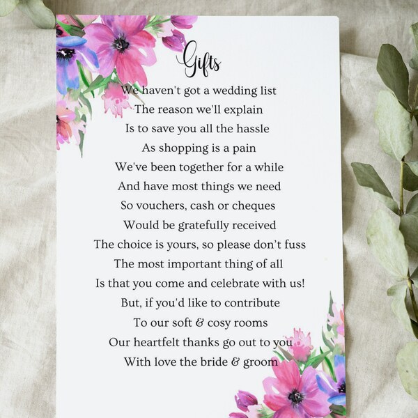 Wedding Poem Gift Request Cards Pack of 10 - 5 Poems to choose from