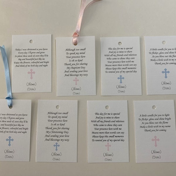 Favour tags for Christening/Baptism/Naming Day Pink or Blue Cross Personalised Without Ribbon