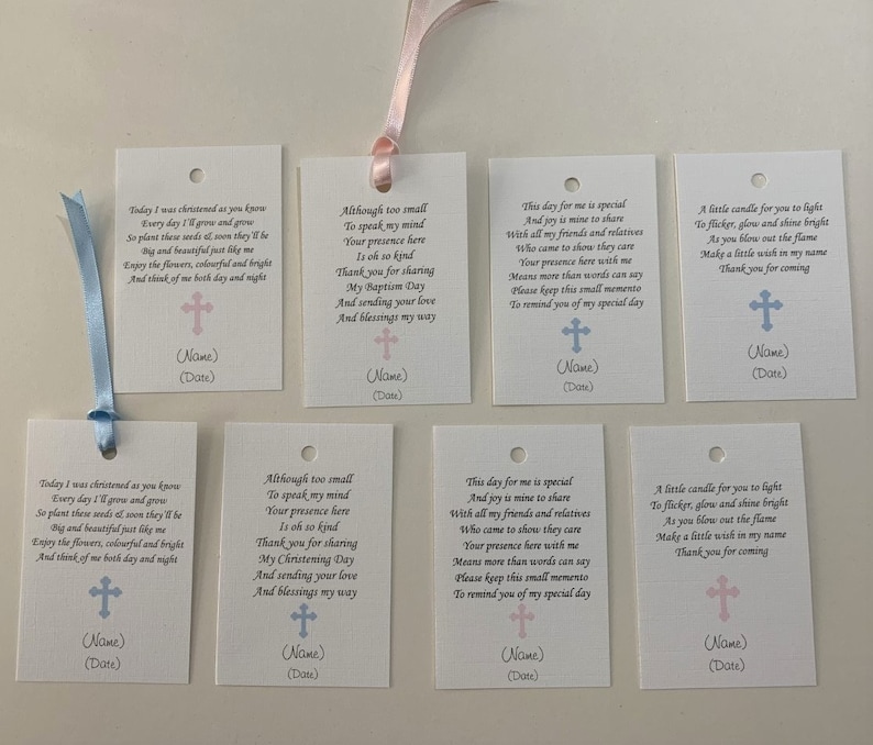 Favour tags for Christening/Baptism/Naming Day Pink or Blue Cross Personalised Without Ribbon image 1