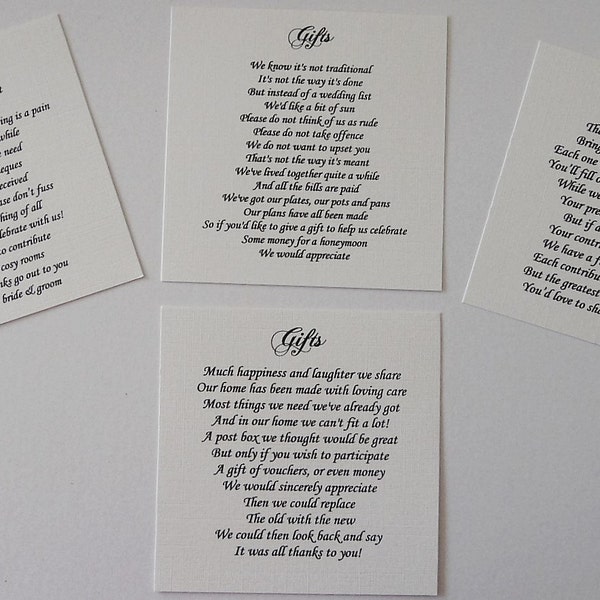 50 Personalised Wishing Well/Wedding Poem Cards requesting money vouchers Choice of 4 Poems
