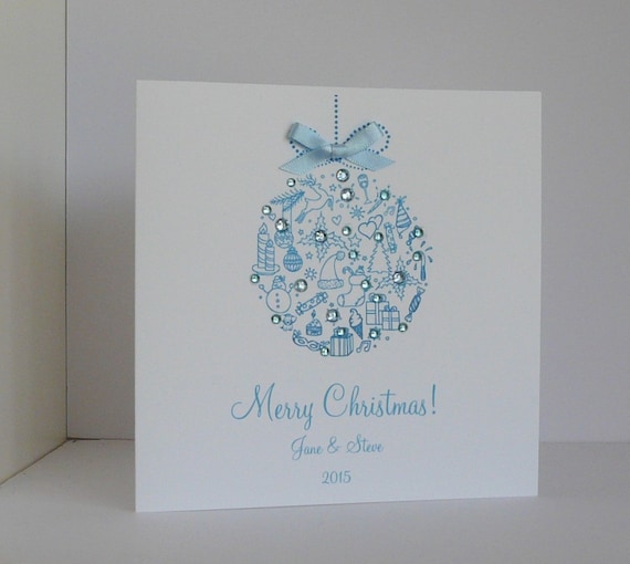 Handmade Button Bauble Christmas Cards Pack of 4 Crystal Gems 300 gsm Card