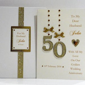 Carte d'anniversaire de mariage dorée pour femme/mari/couple A5 avec boîte de présentation
