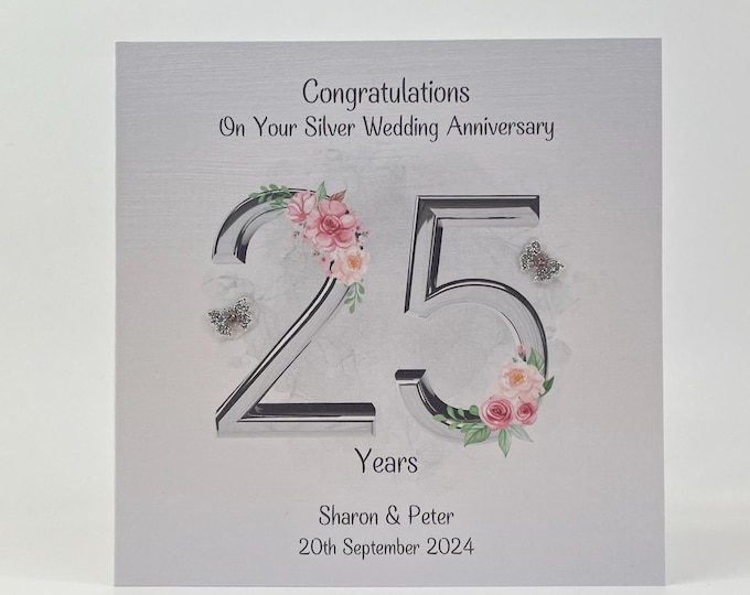 Silver 25th Wedding Anniversary Card Personalised - Etsy