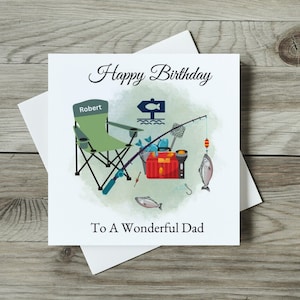 Carte d'anniversaire de pêche personnalisée avec n'importe quel nom Taille 14,8 x 14,8 avec enveloppe