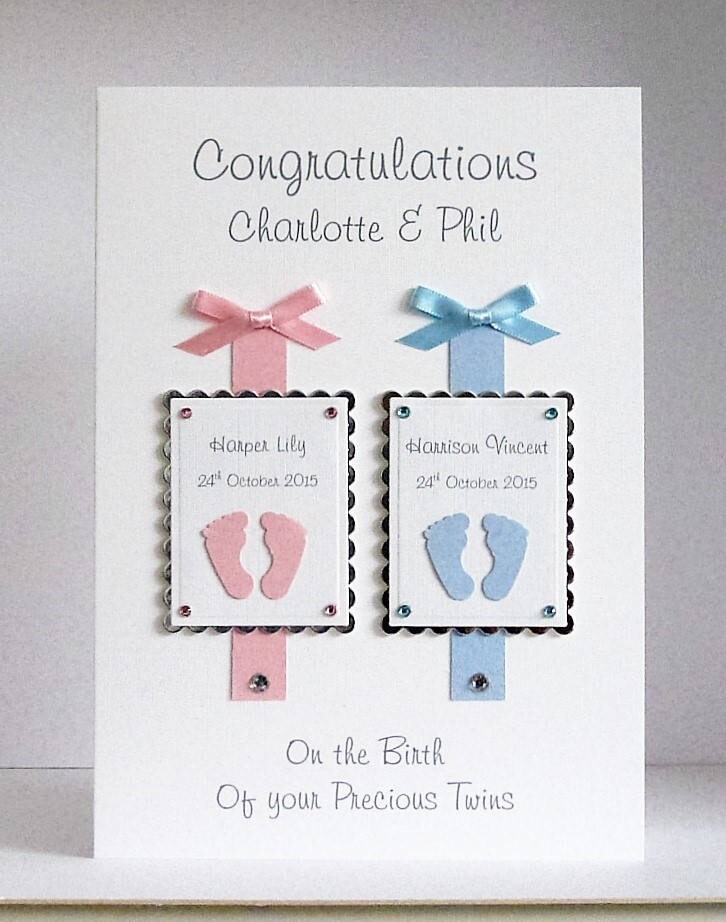 WHITE COTTON CARDS Triplets Congratulations Handmade New Child Card Silver Prams