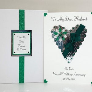 Tarjeta personalizada de aniversario de bodas número 55 en color esmeralda para esposa, esposo, mamá, papá, abuela, abuelo, amigos, etc., hecha a mano
