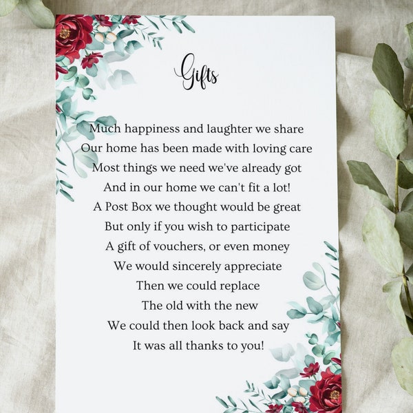 Wedding Poem Gift Request Cards Pack of 10 - 5 Poems to choose from