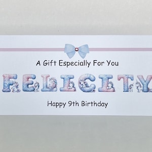 Kindergeburtstag Geld / Geschenk / Gutschein Brieftasche mit Umschlag personalisiert mit jedem Namen und jedem Alter Einhorn Thema DL Größe