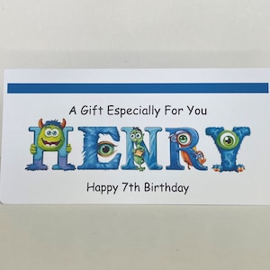 Kindergeburtstag Geld / Geschenk / Gutschein Brieftasche mit Umschlag personalisiert mit jedem Namen und jedem Alter Monster Thema DL-Größe
