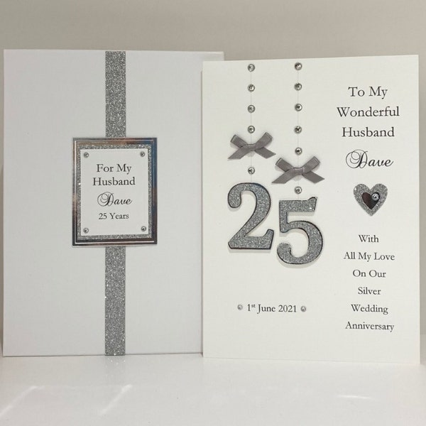 Personalised Silver 25th Wedding Anniversary Card Wife/Husband/Daughter/Son etc Customized with envelope or box