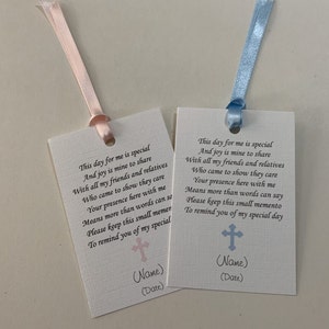 Favour tags for Christening/Baptism/Naming Day Pink or Blue Cross Personalised Without Ribbon image 5