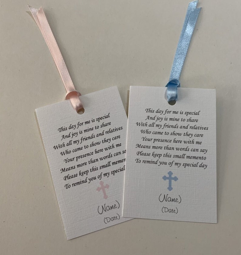 Favour tags for Christening/Baptism/Naming Day Pink or Blue Cross Personalised Without Ribbon image 5