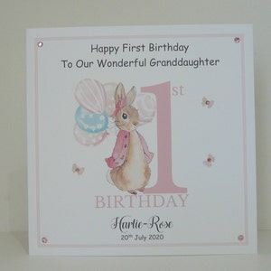 Geburtstagskarte zum 1. Geburtstag von Peter/Flopsy Rabbit, 20,3 x 20,3 cm, groß, personalisierbar, rosa oder blau, für Tochter, Sohn, Enkelin, Enkel usw