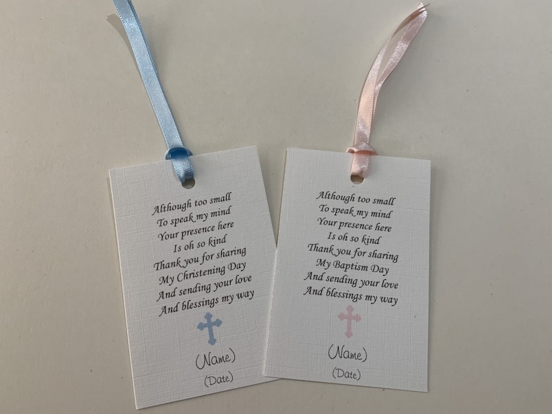 Favour tags for Christening/Baptism/Naming Day Pink or Blue Cross Personalised Without Ribbon image 4