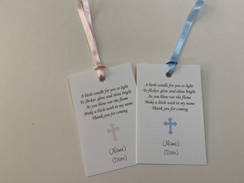 Favour tags for Christening/Baptism/Naming Day Pink or Blue Cross Personalised Without Ribbon image 6