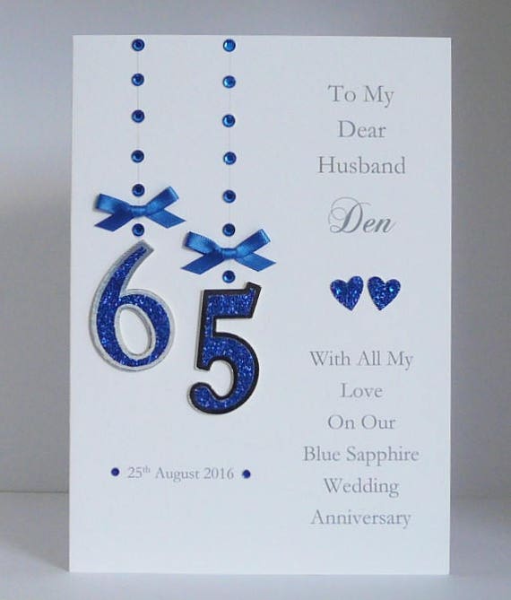 65th Blue Sapphire Wedding Anniversary Card with or without box Personalised