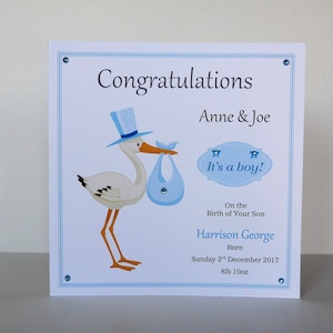 Carte de félicitations pour nouveau bébé grande 20 x 20 cm fait main, fille ou garçon personnalisée