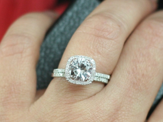 Items similar to White Sapphire & Diamond Cushion Halo Engagement ring ...