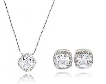 Silver Square Necklace Earrings Set