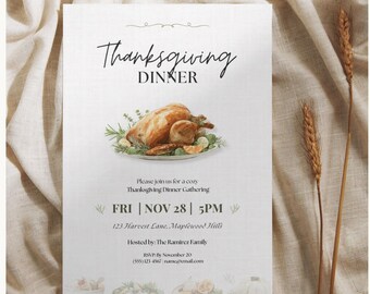 May include: Thanksgiving Dinner invitation on a white card with a roasted turkey illustration. The card includes the date, time, and location of the dinner, with floral accents and wheat stalks on a beige fabric background.
