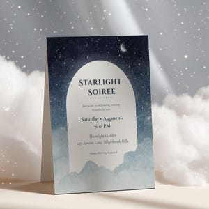 May include: A folded invitation card with a celestial design. The card features the text "STARLIGHT SOIREE" in a stylized font, along with event details. The background depicts a starry night sky with a crescent moon and soft clouds.