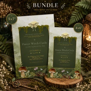 May include: A bundle of two forest-themed invitation cards measuring 5x7 inches and 4x6 inches. The cards feature a dark green background with illustrations of a moth, mushrooms, and ferns, with text reading Forest Witch Circle, October 31.