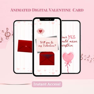 Puede incluir: Tres smartphones muestran una tarjeta digital de San Valentín con un fondo rosa. Las tarjetas presentan sobres rojos, corazones y texto que dice "¿Quieres ser mi San Valentín?" y "Nuestro SÍ lo significaría todo". La frase "¡Acceso instantáneo!" también es visible.