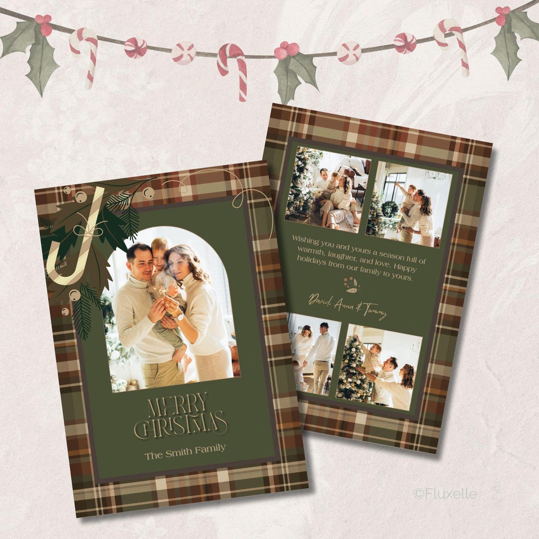 Plaid Christmas Photo Card Template | Editable Family Collage (digital ...