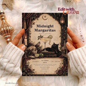 May include: A rectangular invitation card titled Midnight Margaritas Movie Night featuring a martini glass, a black cat, a skull, and candles. The design includes dark floral accents, a crescent moon, and event details for October 30th at 7 PM.