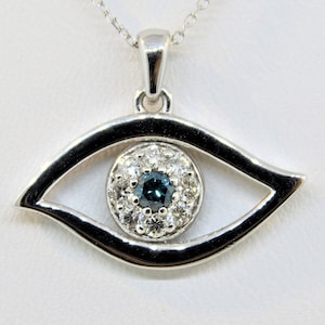 14K White Gold 0.40ct White & Blue Diamond Pave Evil Eye Necklace With 16&quot; Chain Blue Diamond Evil Eye  Pendant Evil Eye Necklace Pendant