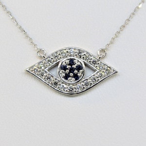 14K White Gold 0.41ct Diamond &Blue Sapphire Pave Evil Eye Pendant With 16&quot;Chain Sapphire Evil Eye Pendant Diamond Evil Eye Pendant Necklace