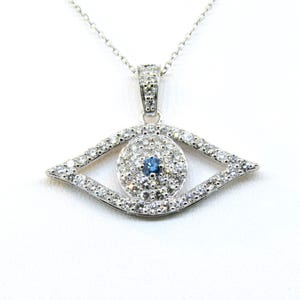 14K White Gold White & Blue Diamond Evil Eye Necklace &quot;16 Chain / Diamond Good Luck Pendant / Evil Eye Charm / Gift for Her Evil Eye Pendant