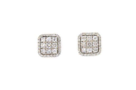 14K White Gold 0.95ct Diamond Square Shaped Earrings Cluster ...