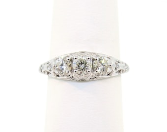 14K White Gold Diamond Ring, Antique Filigree Three Stone Ring
