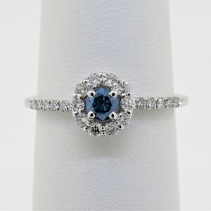 14K White Gold 0.46ct Blue & White Diamond Halo Engagement Ring, Blue  Diamond Ring, Micro Pave Ring, Diamond Wedding Ring, Anniversary Ring