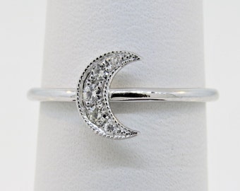14K White Gold Diamond Crescent Moon Ring, Antique Style