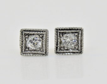14K White Gold Diamond Antique Style Stud Earrings,
