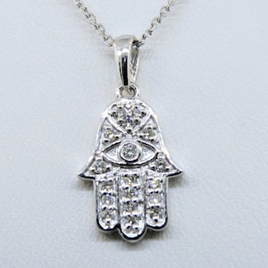 14K White Gold 0.21ct Diamond Hamsa Good Luck Pendant Hamsa Hand Charm Necklace Judaica Pendant Evil Eye Pendant Necklace With 16&quot; Chain