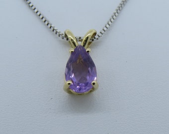 14K Yellow Gold 0.89ct (8x6mm) Amethyst Prong Set Pear Shaped Pendant  Necklace February Birthstone (No Chain)