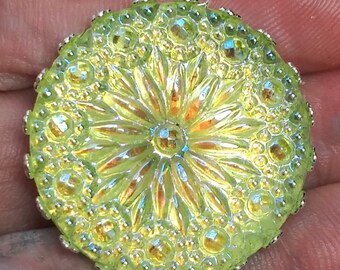 Beautiful hand made 1 inch Czech art glass button pendant for your creations uranium glass Vaseline glass art deco lots of sparkle